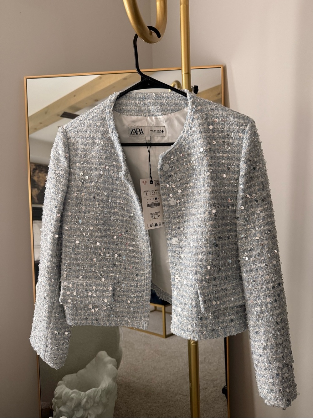 Zara Silver Sequin Tweed Collarless Jacket